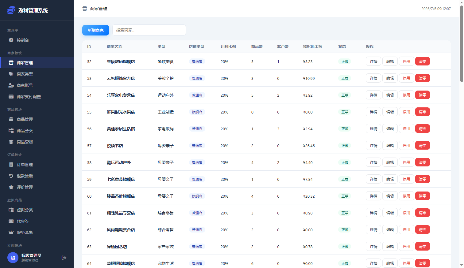 商家管理页面截图