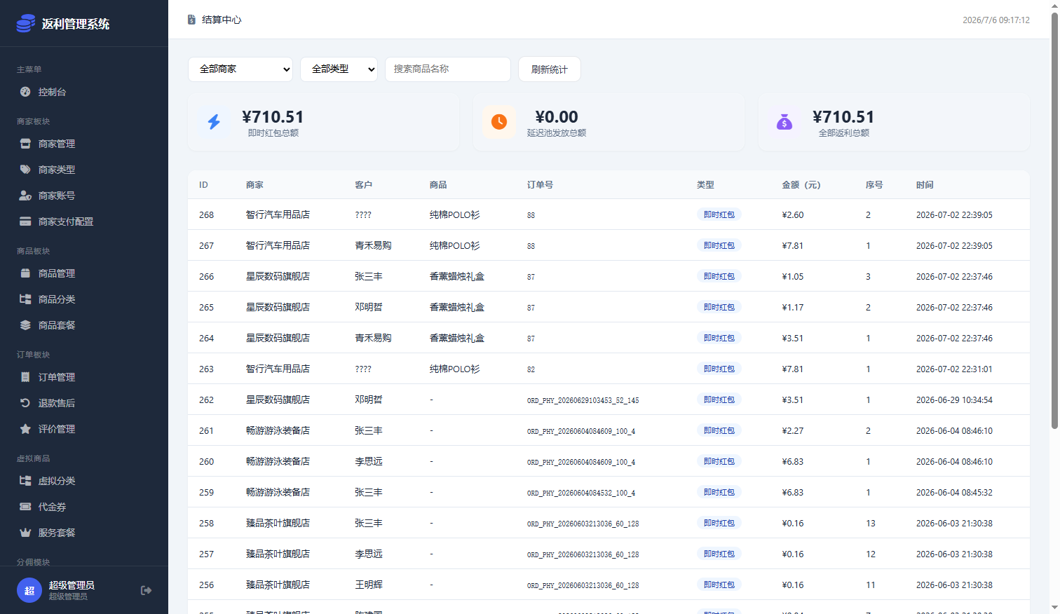 结算中心页面截图
